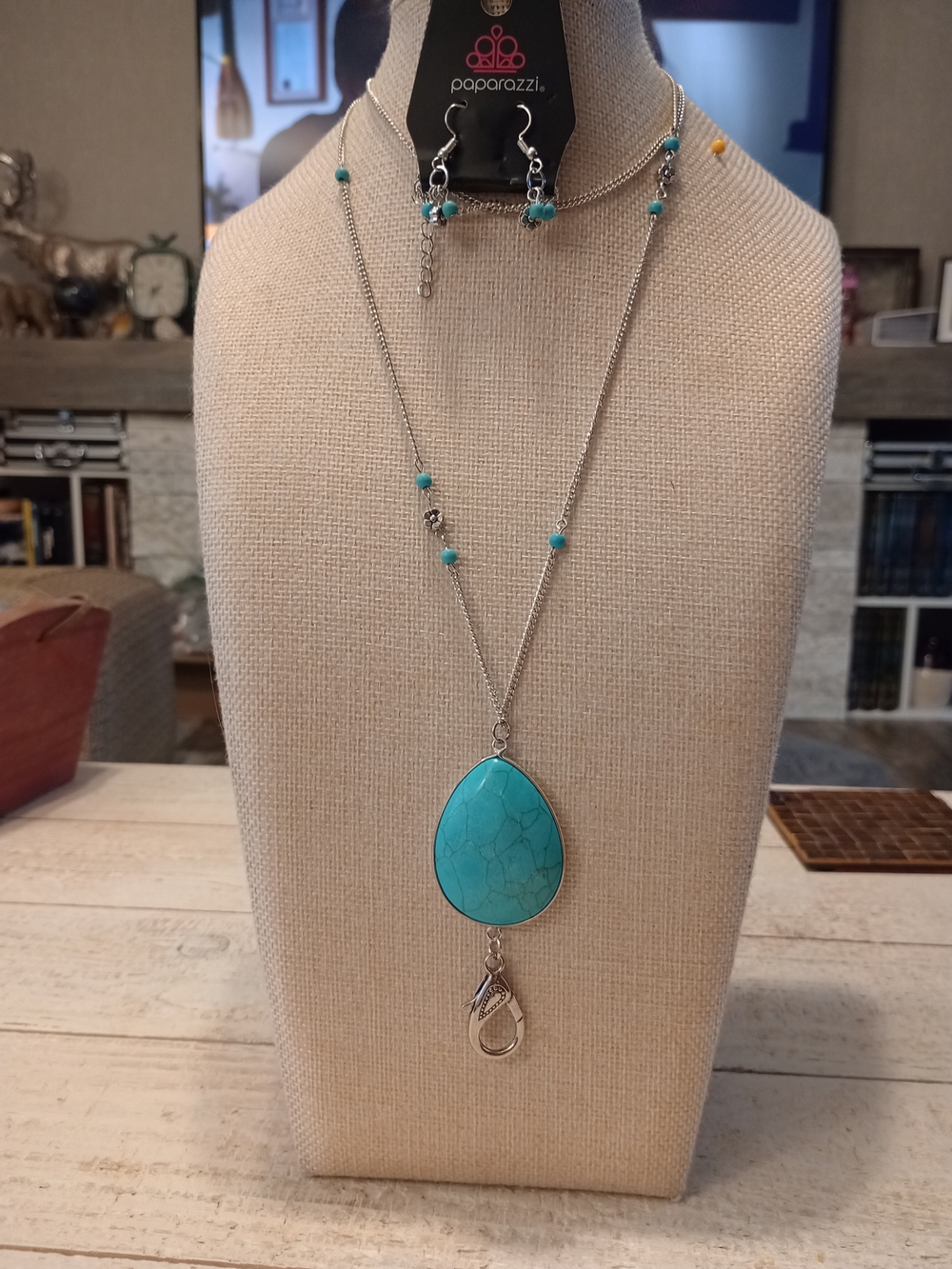 paparazzi Lanyard Turquoise Teardrop Pendant Necklace and Earring Set